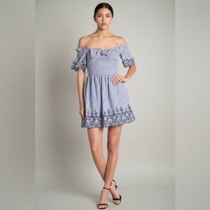 NWT J.O.A. Women’s Blue Gingham Off The Shoulder Mini Dress. Size S. SKU 090